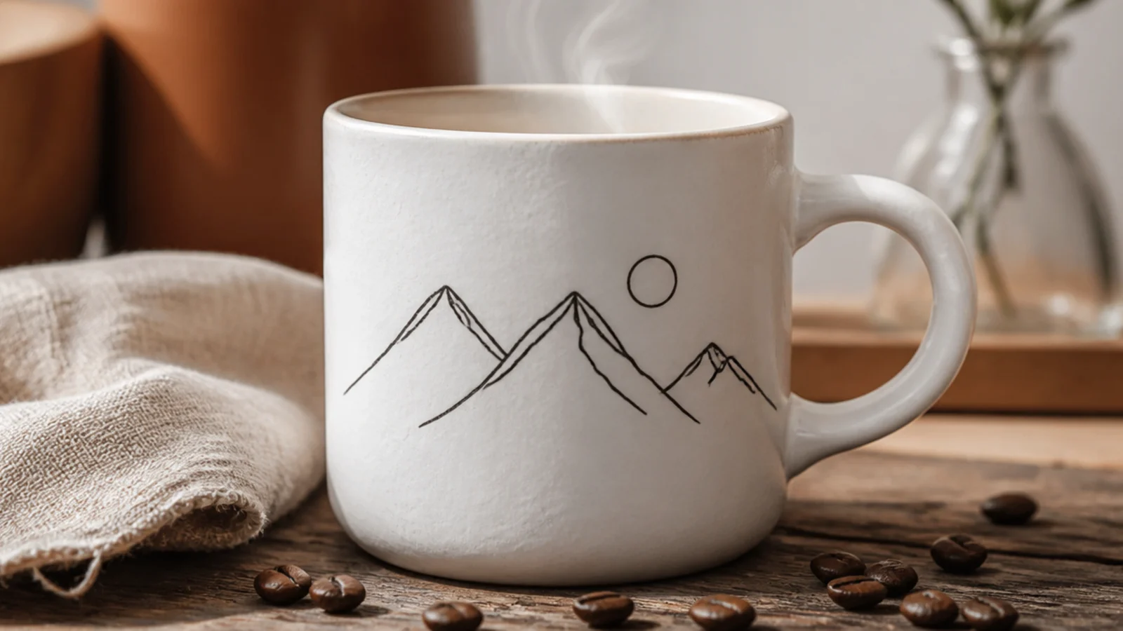 A white mug with a minimalist single-line mountain range and a small circle sun drawn in charcoal on the front.