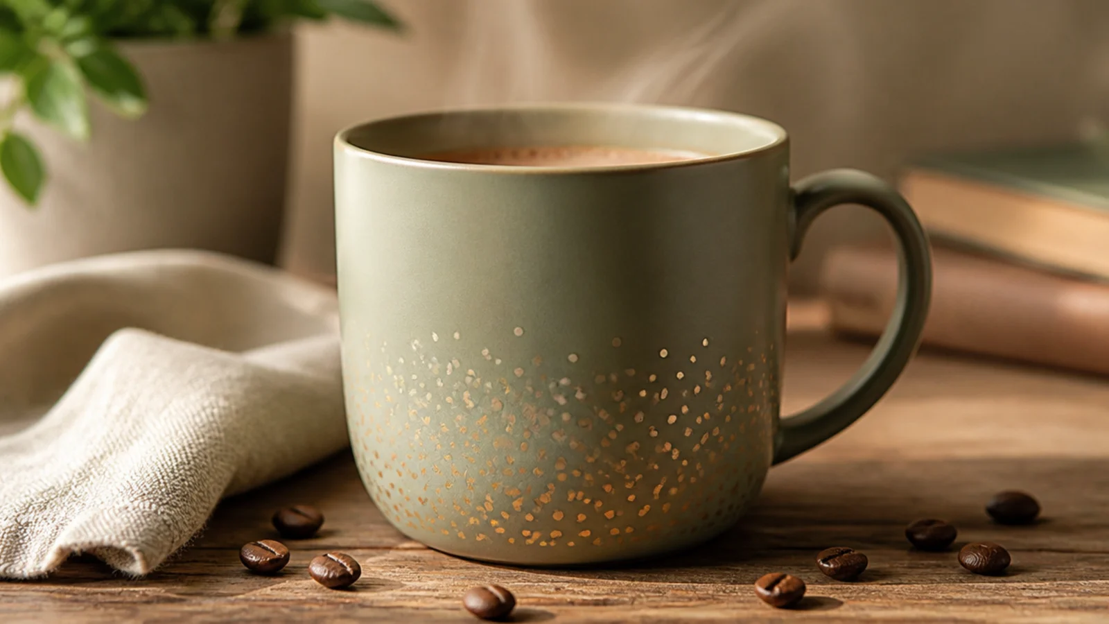 A muted sage mug with a delicate scatter of small metallic gold dots across the lower half.