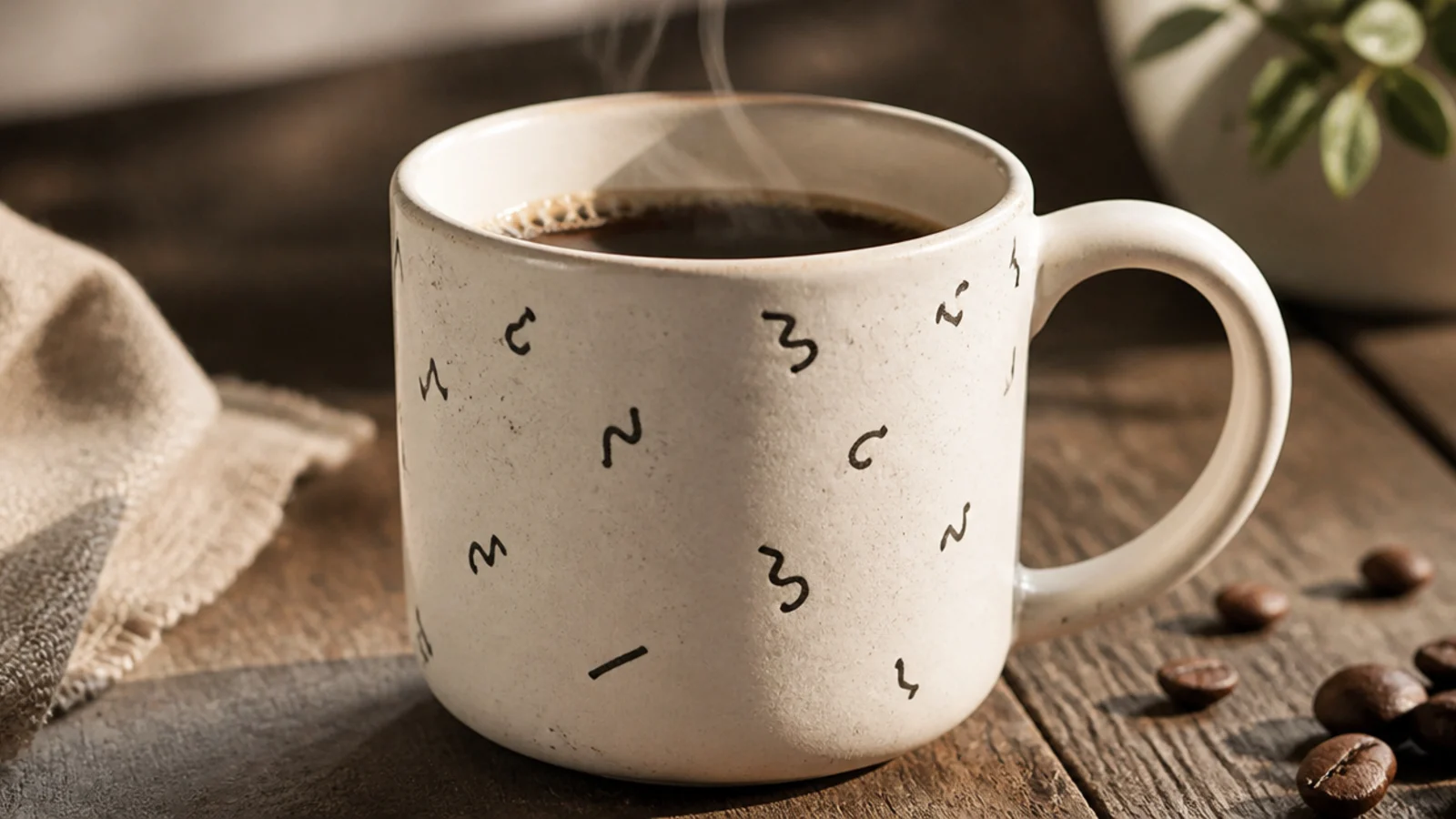 A cream mug with small abstract squiggle and dash doodles in charcoal scattered lightly across the front.