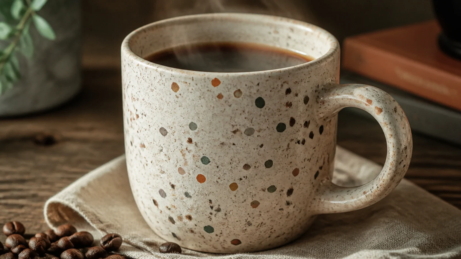 A cream mug with scattered small angular flecks in terracotta, sage, and charcoal, like terrazzo stone.
