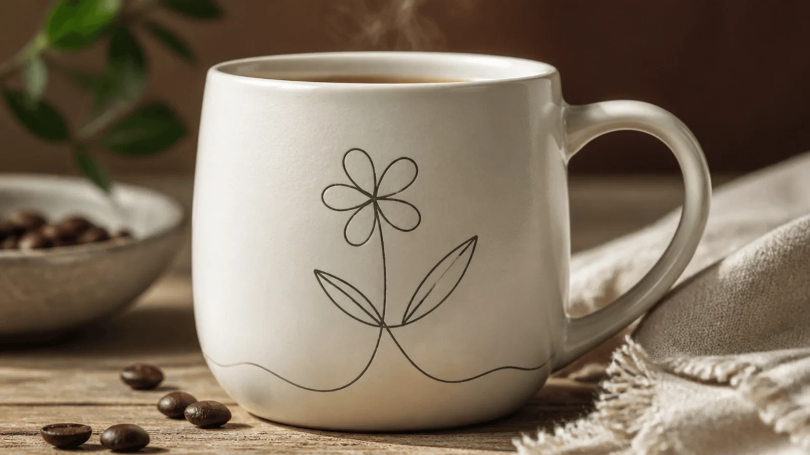 A white mug with a minimalist single continuous line drawing of a flower and stem on the front.