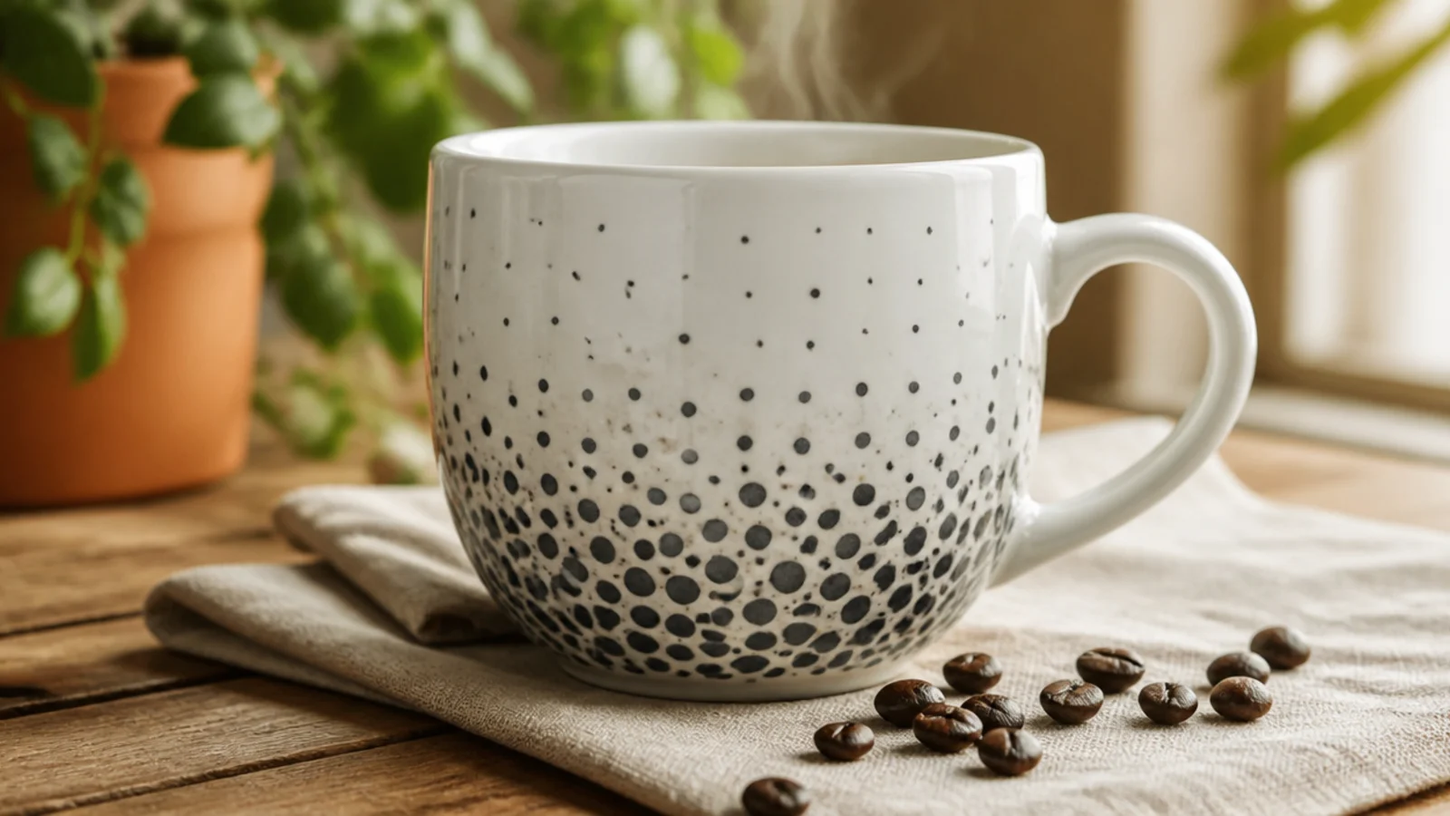 A white mug with charcoal dots that grow larger and denser toward the base, fading to sparse near the rim.