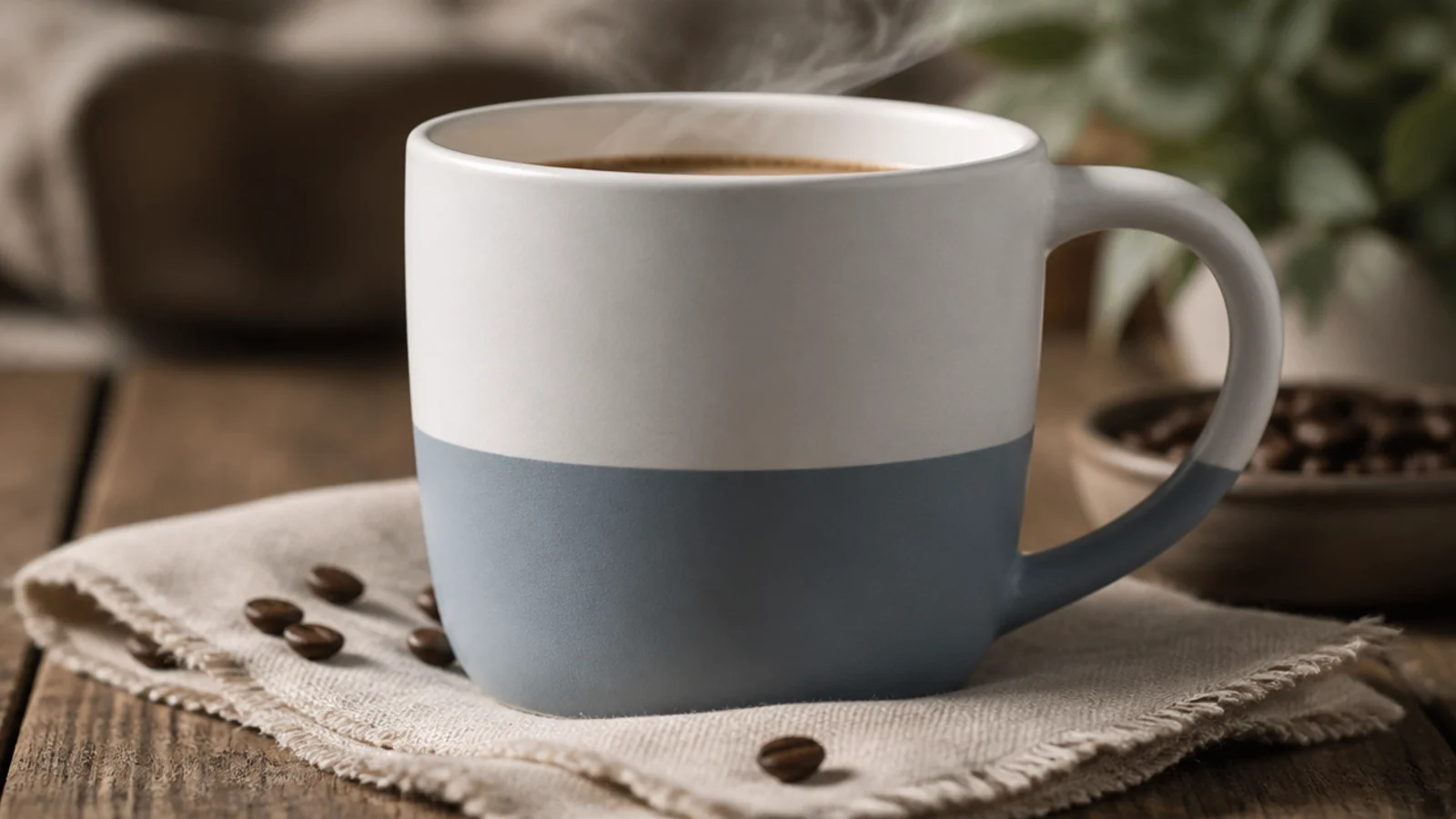 A white mug with the entire lower half painted a flat muted dusty-blue meeting the white in one clean line.