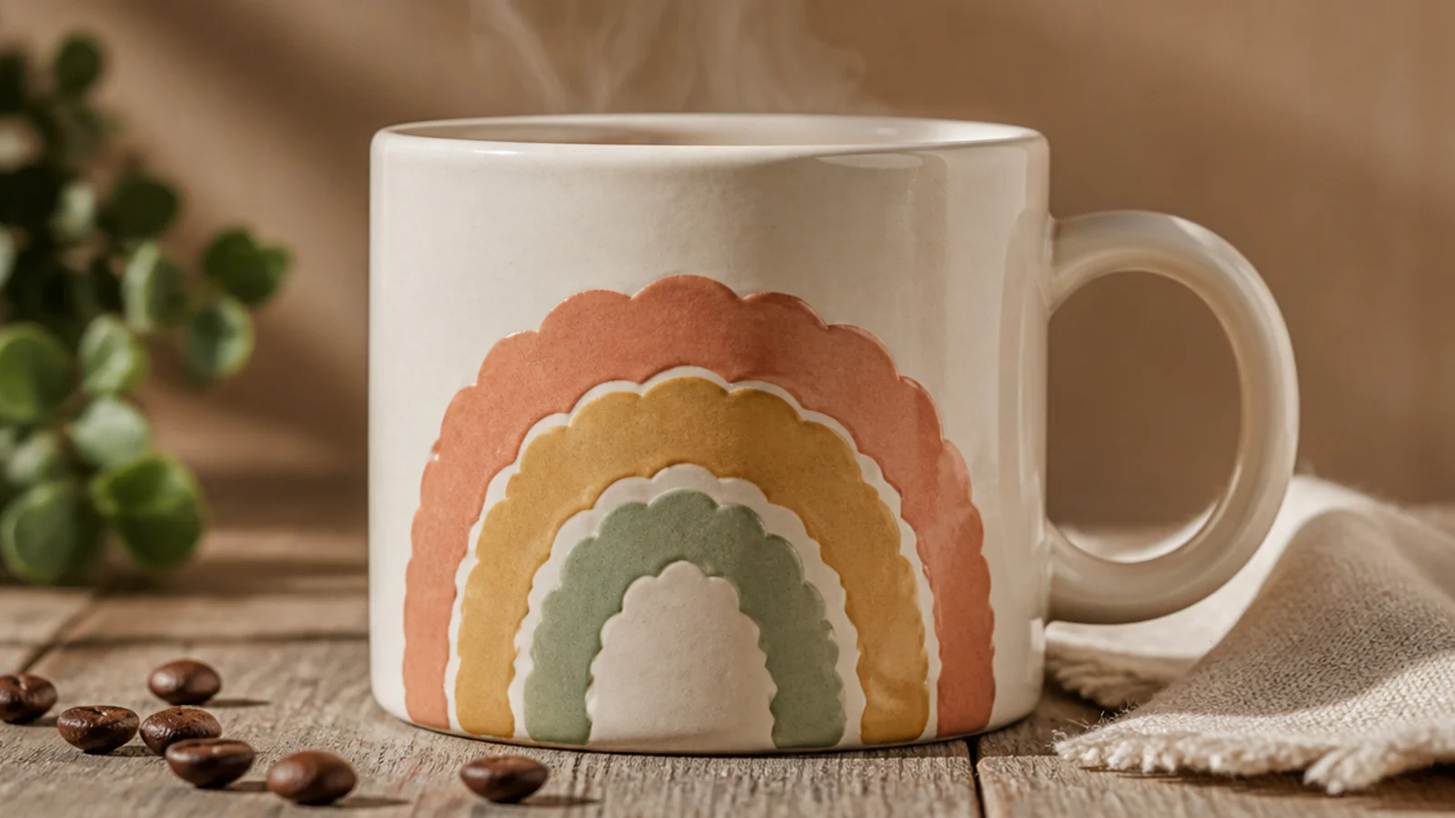A white mug with nested scalloped arcs in muted terracotta, mustard, and sage forming a soft rainbow on the front.