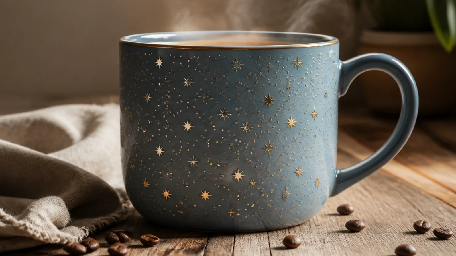 A dusty-blue mug with a delicate field of tiny gold four-point stars and dots scattered across the body.