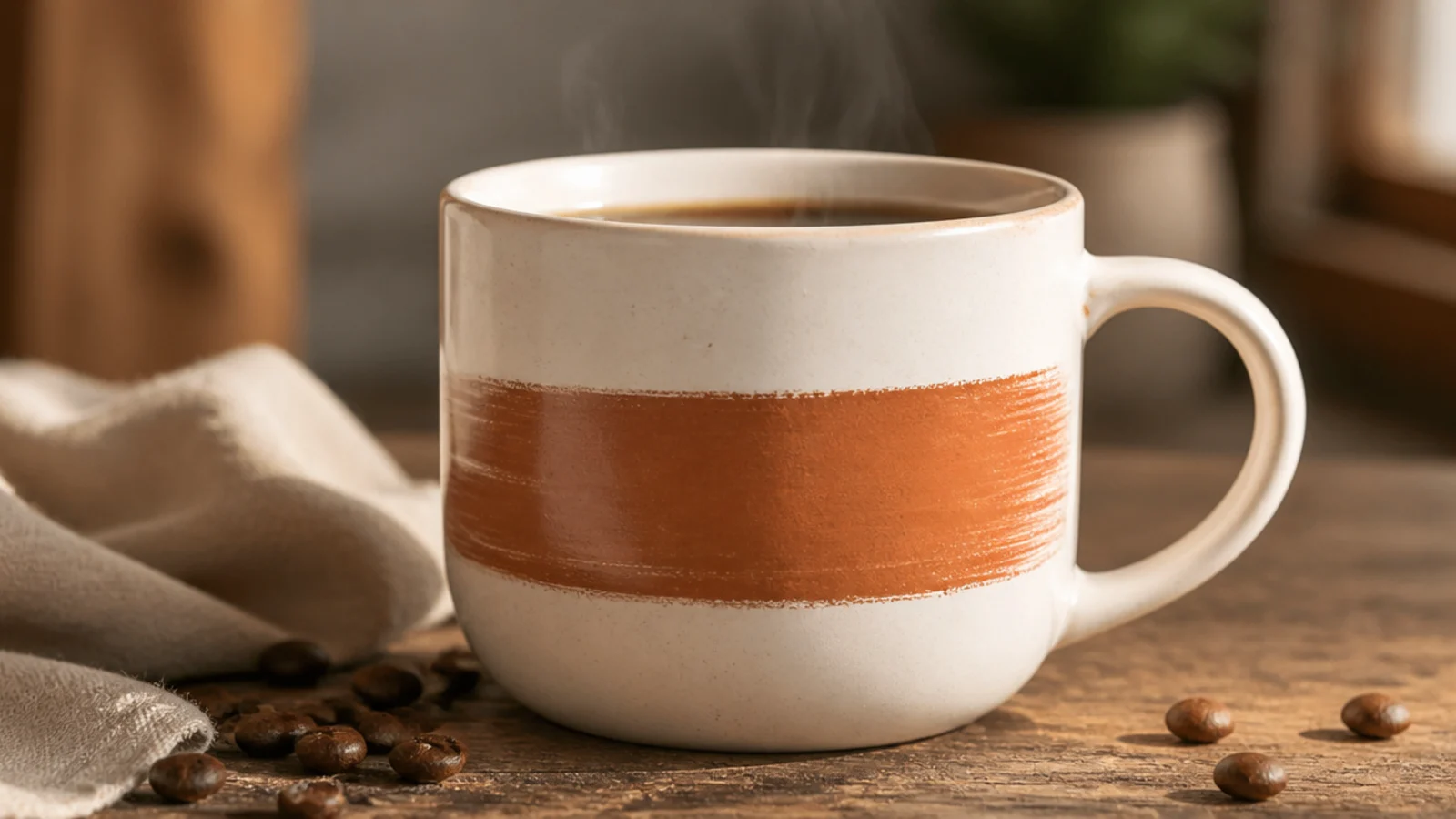 A white mug with one bold horizontal terracotta brushstroke swiped across the middle of the front.
