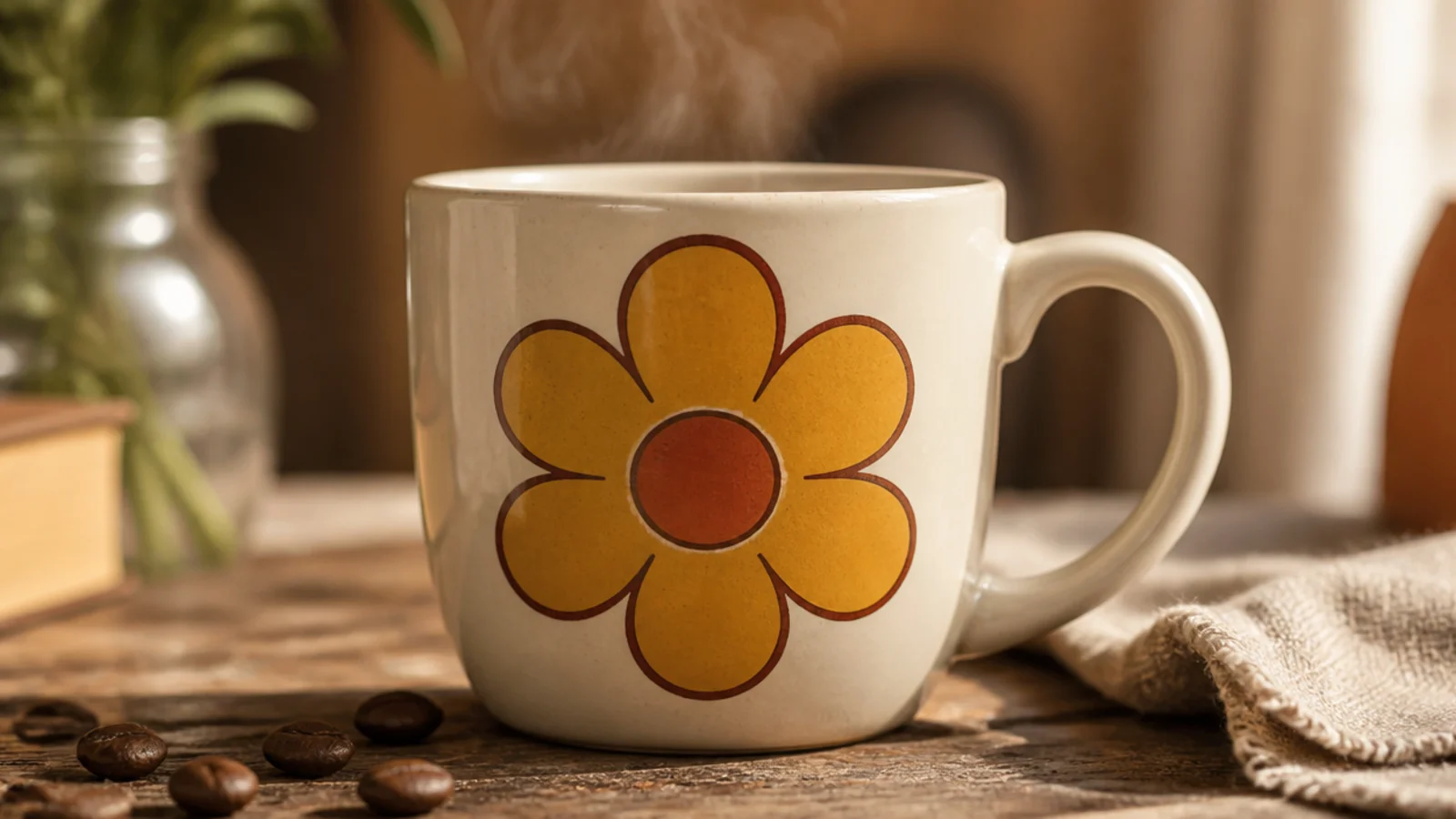 A cream mug with a single bold 70s-style groovy flower in mustard and rust with a rounded outline on the front.
