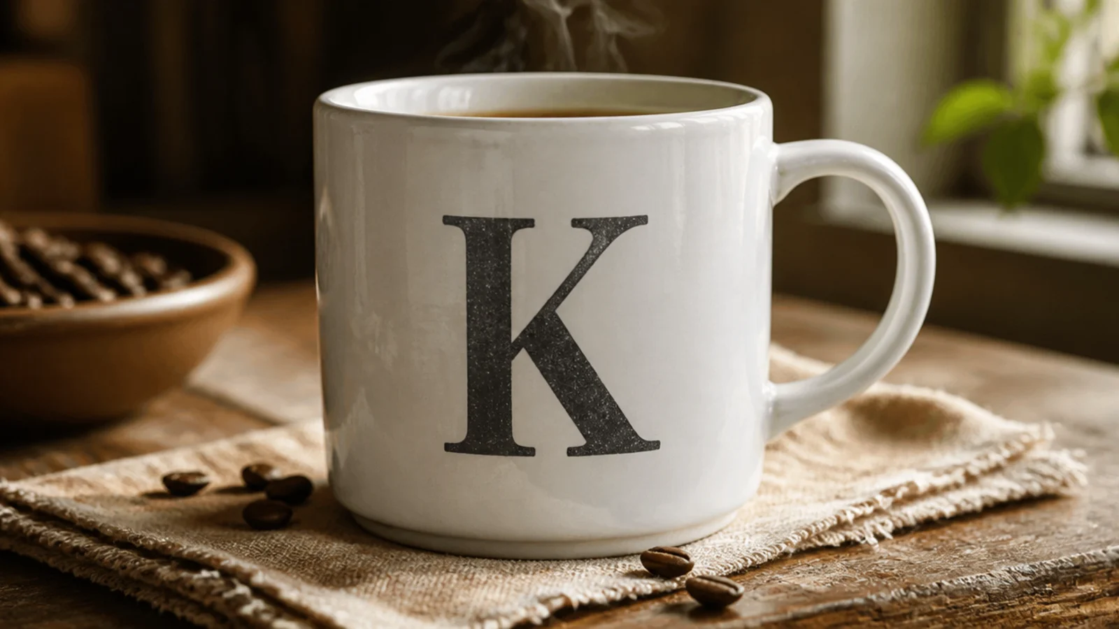 A white mug with a single large charcoal block initial centered on the front.