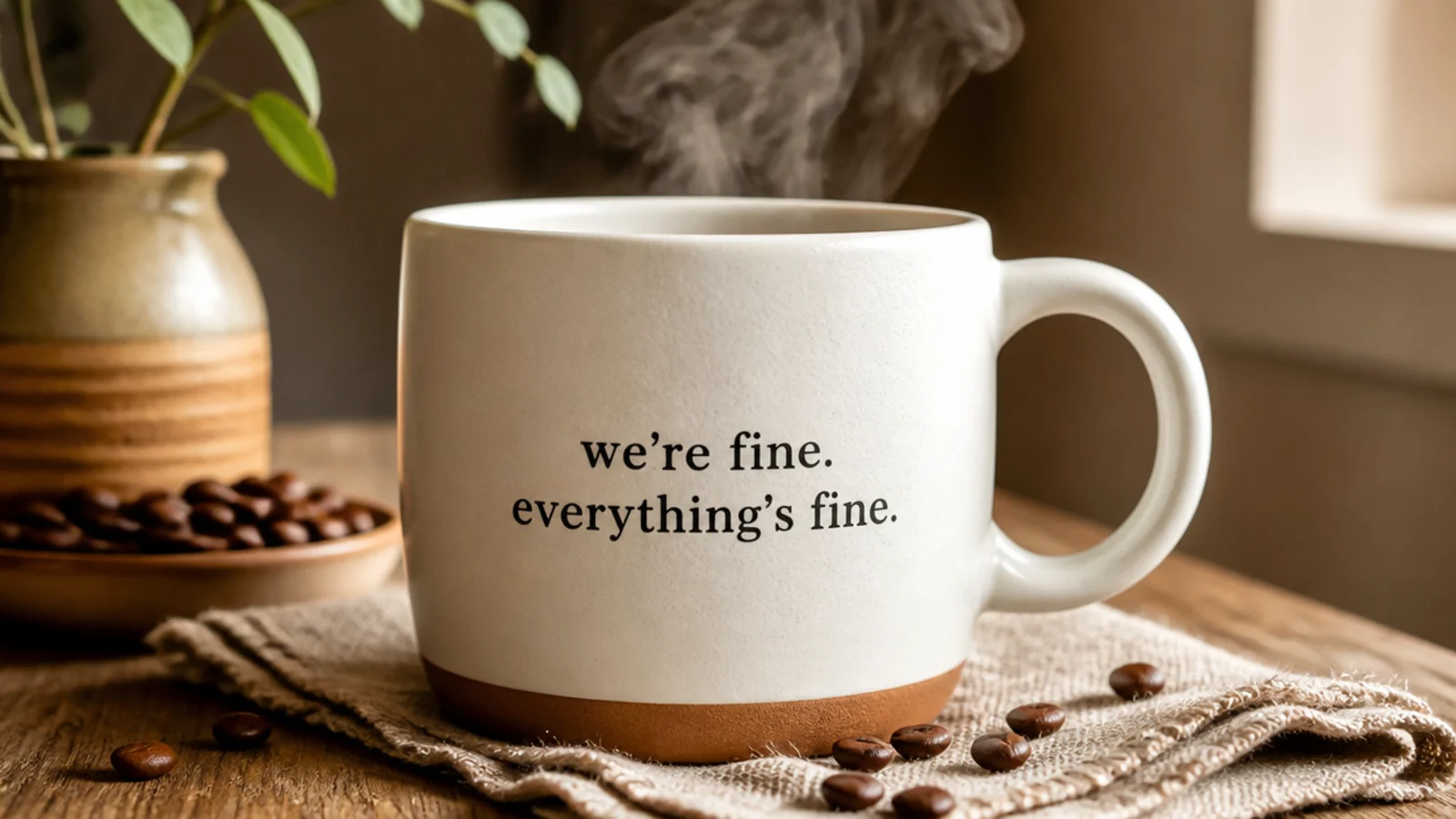 A white mug with a short inside-joke phrase in simple black print lettering across the front.