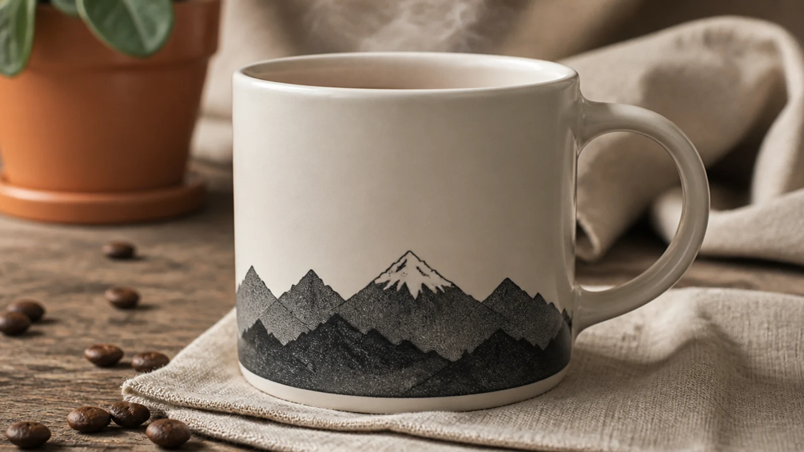 A white mug with a charcoal mountain range silhouette across the lower front, one peak with a snow cap.