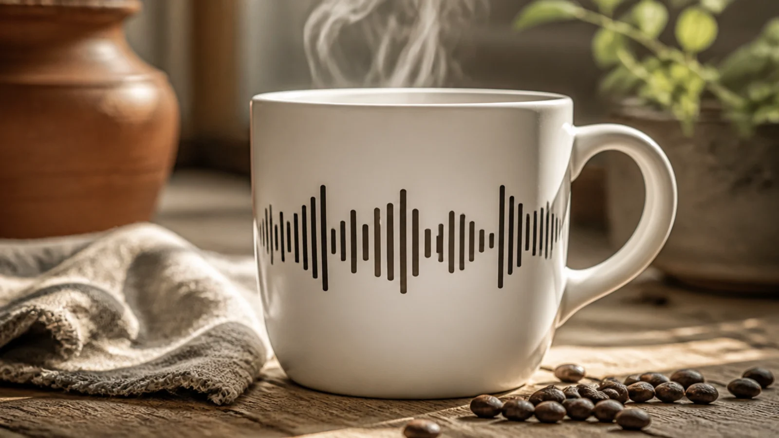 A white mug with a row of vertical black bars of varying heights across the front, like an audio waveform.