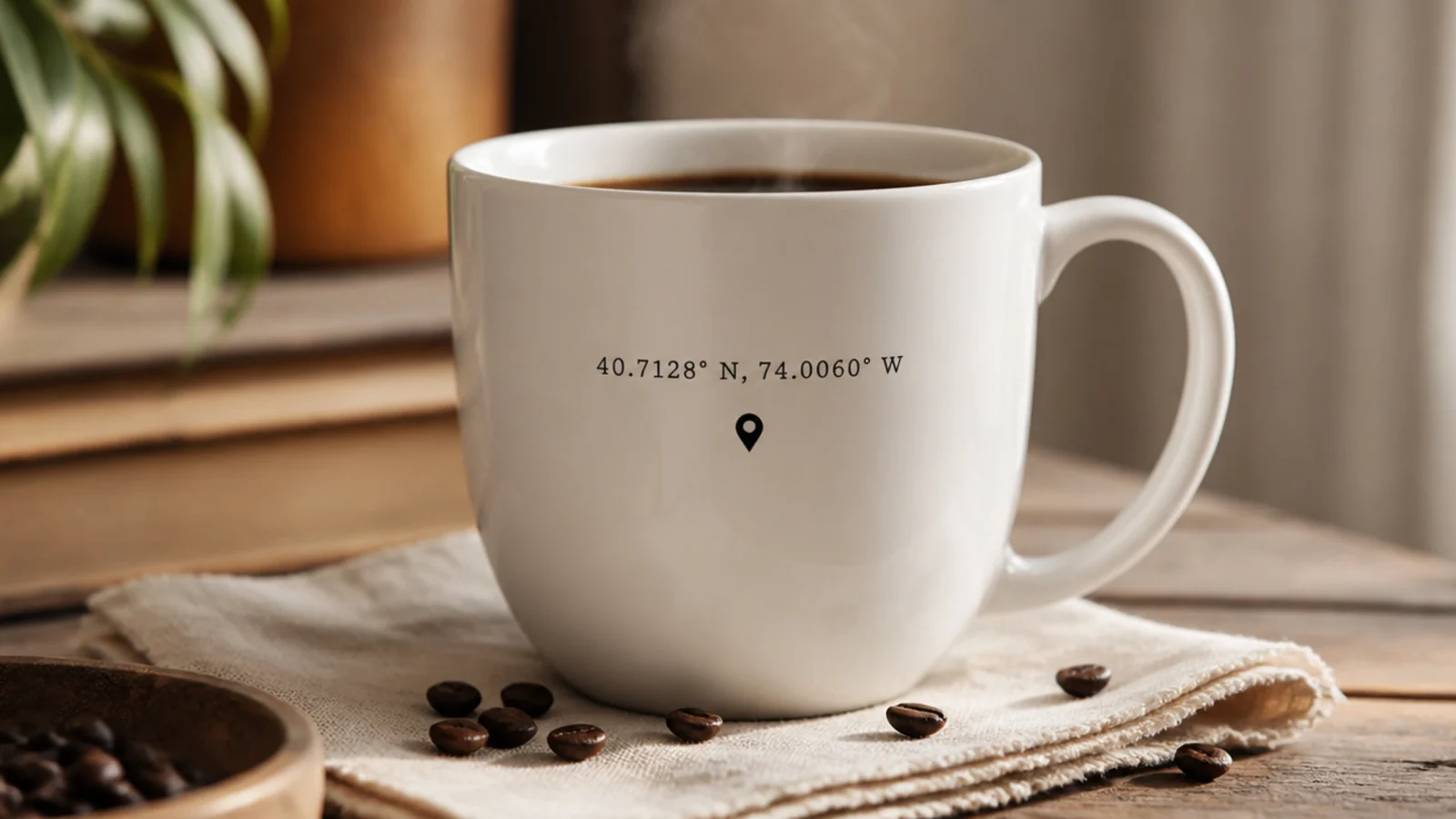 A white mug with GPS coordinates in small black lettering above a tiny location-pin icon on the front.