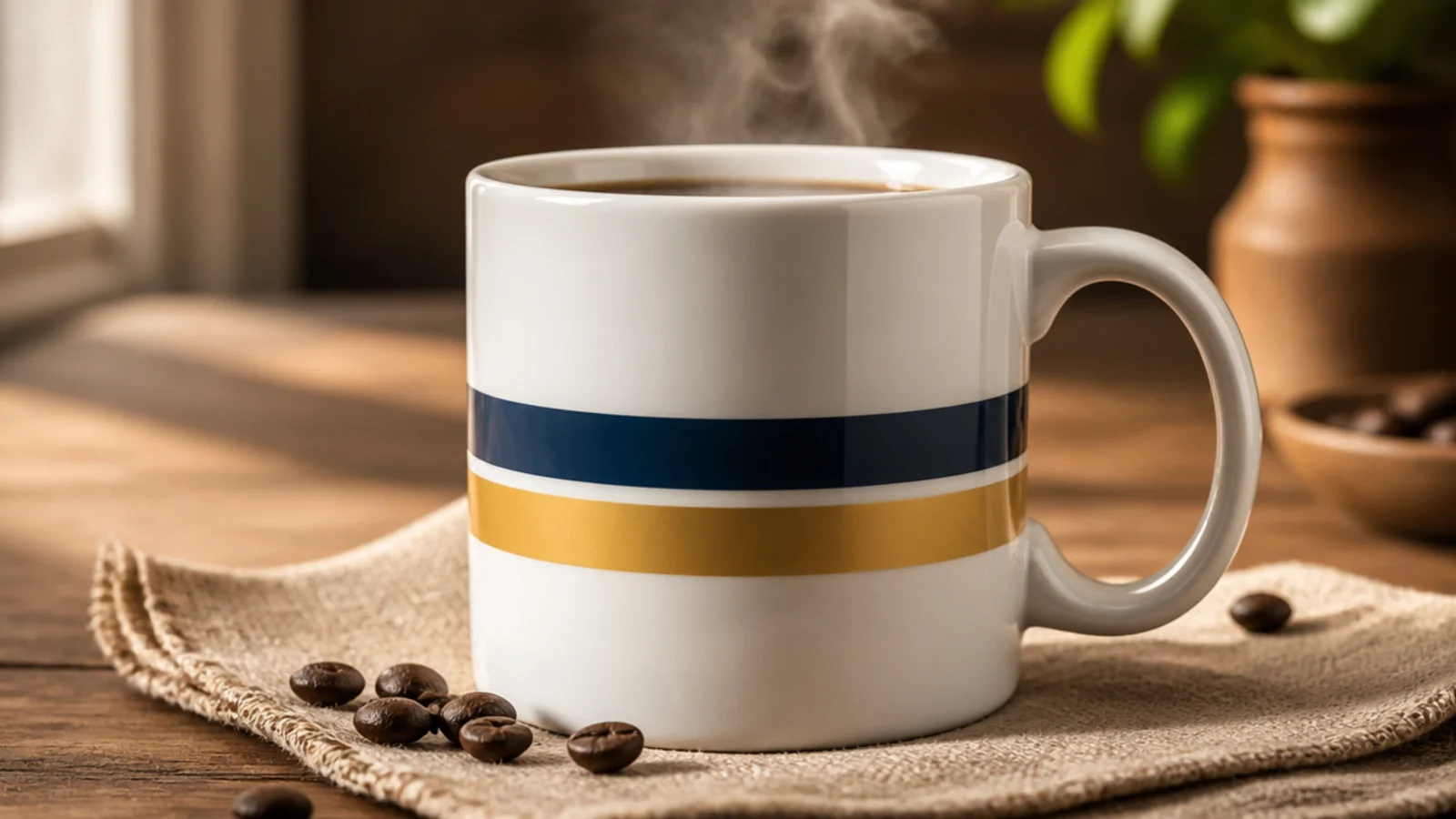 A white mug with two bold horizontal stripes in his team's colors, navy and gold, around the middle.