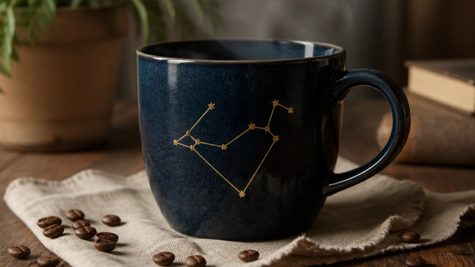 A navy mug with his zodiac constellation in small gold dots connected by thin lines on the front.