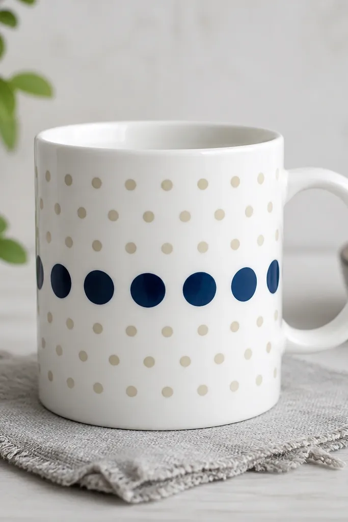 A white mug covered in evenly spaced dots: large navy circles around the middle and smaller cream dots filling the gaps above and below. The dots look crisp and uniform in size.