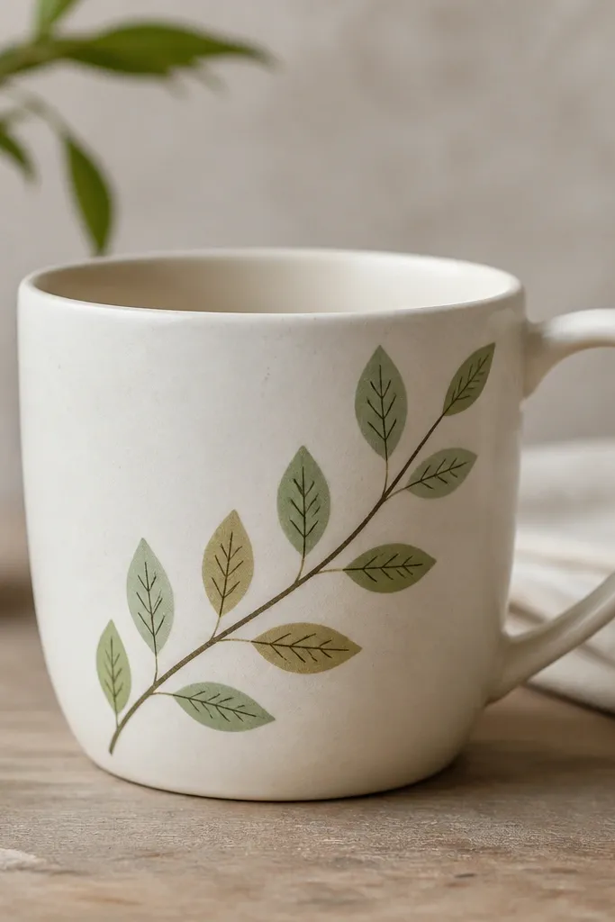 A mug with a thin branch running diagonally from the bottom left to upper right. Leaves are painted as simple teardrops in muted sage and olive, with tiny vein lines drawn in a darker green.