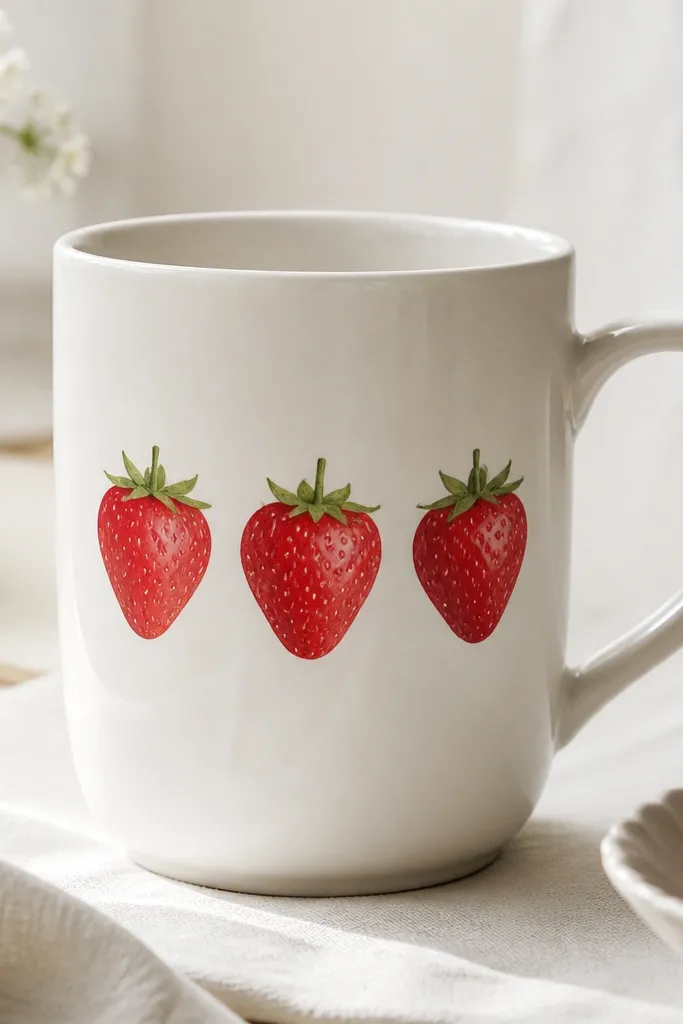 A mug with three strawberries along the center. The berries are red with light pink highlight curves, green tops, and tiny white specks in the seed area.