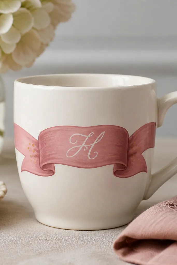 A mug with a painted ribbon band wrapping around the center. The banner is a dusty rose color with a white cursive monogram in the middle and tiny gold dot accents at the ends.