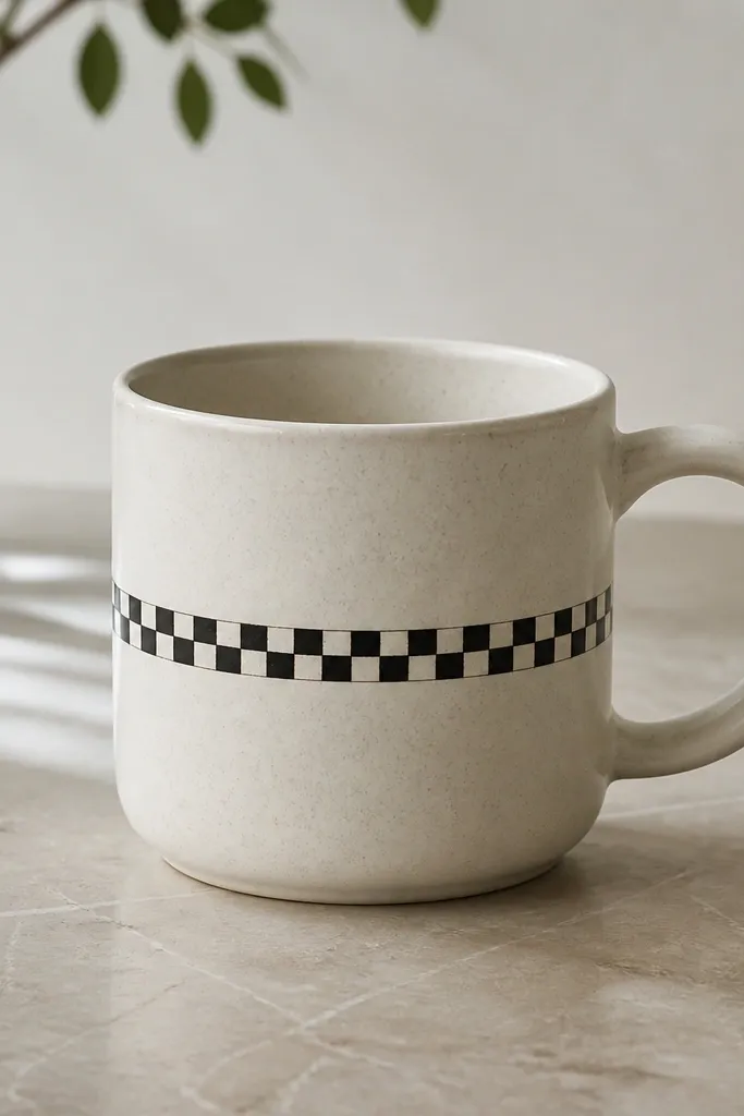 A mug with a narrow checker band around the middle. Alternating squares are black and off-white, with sharp corners and consistent spacing.