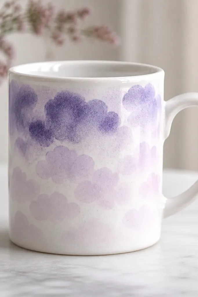A white mug with lavender clouds made from sponge dabs. The clouds fade from darker purple near the top to pale lilac near the bottom.