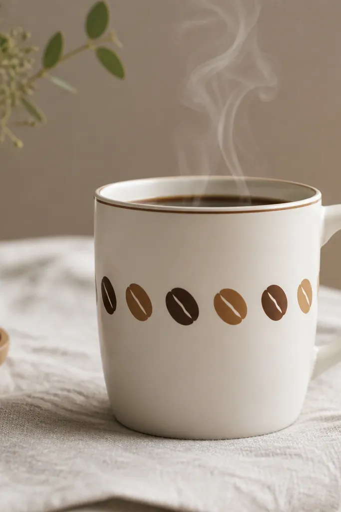 A mug with a thin border around the top rim area. Coffee bean shapes alternate in brown tones, and short curved lines near the center suggest steam.
