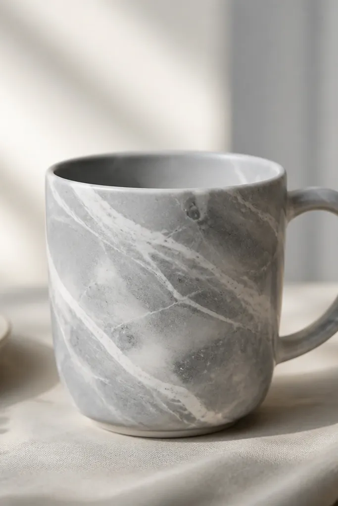 A mug with a gray base and white marble swirls. The veining looks like thin streaks running diagonally, with darker gray pockets.
