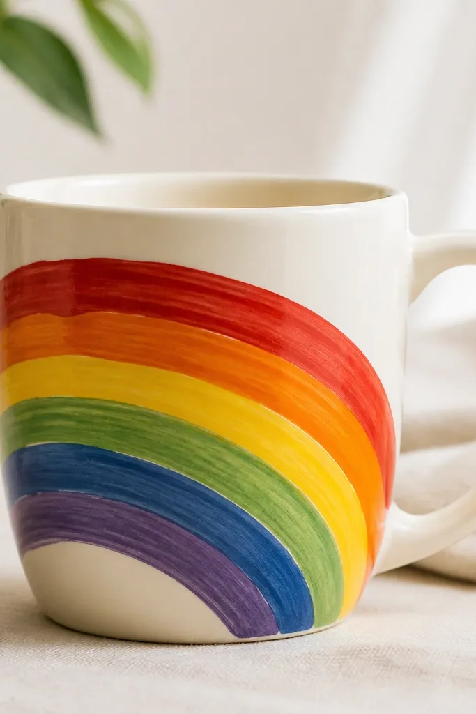 A mug with five rainbow arcs sweeping across the front. Each arc is painted in bands with visible brush strokes, from red to violet.