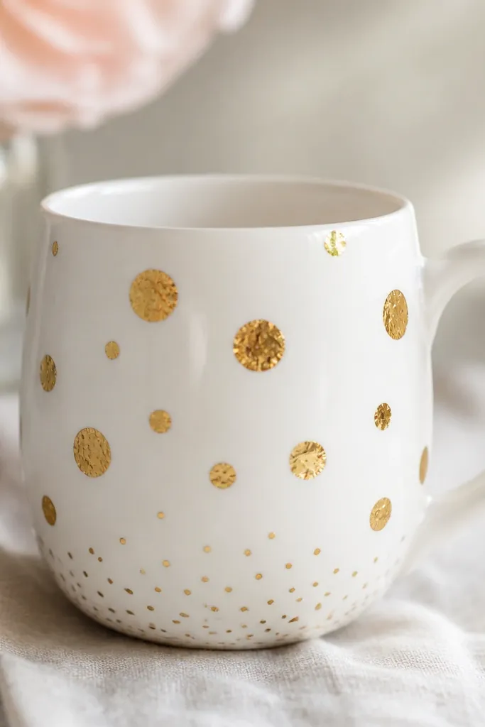 A white mug with scattered gold dots of different sizes, plus a few tiny gold specks near the bottom. The gold looks metallic and slightly irregular like leaf speckles.