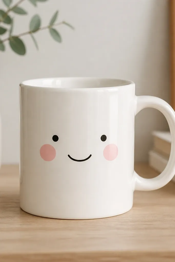 A mug with a minimal face centered on the front: two dot eyes, a curved smile, and soft blush circles on the cheeks. The blush is pink and slightly translucent.