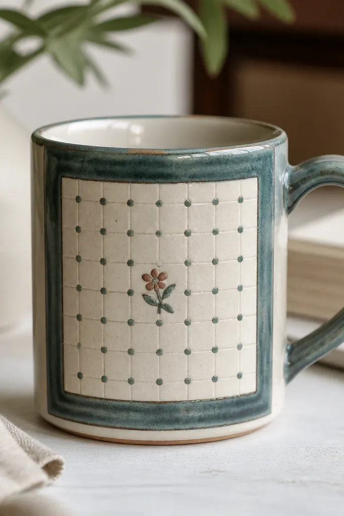 A mug with a rectangular "tile" panel on the front. The border is painted in teal, and inside are small off-white squares with teal dots and a single tiny flower in the center.