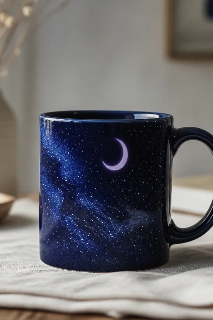 A dark navy mug front painted like a night sky. There are small white stars scattered randomly, a lavender crescent planet near the top, and faint swirls in lighter blue.