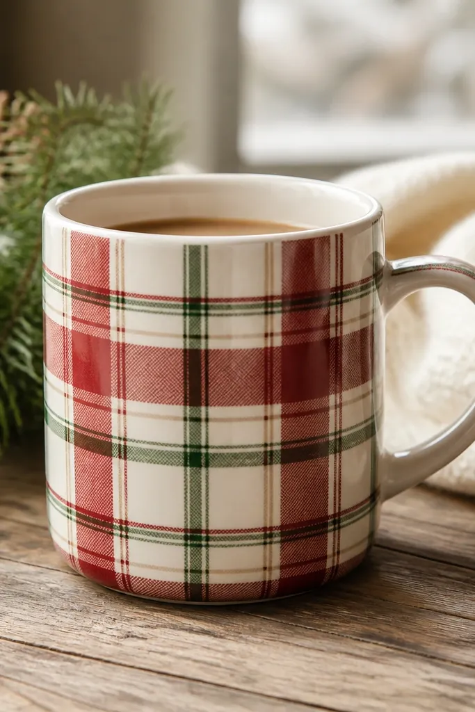 A mug with a warm plaid pattern: muted red, cream, and dark green lines crossing in a grid. The lines are crisp and evenly spaced, with a subtle hand-painted texture.