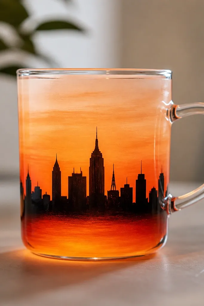 A clear mug with a horizontal sunset gradient. The LEDs shine through a painted sky that goes from deep orange at the bottom to pale peach at the top, with a simple black skyline silhouette across the middle.