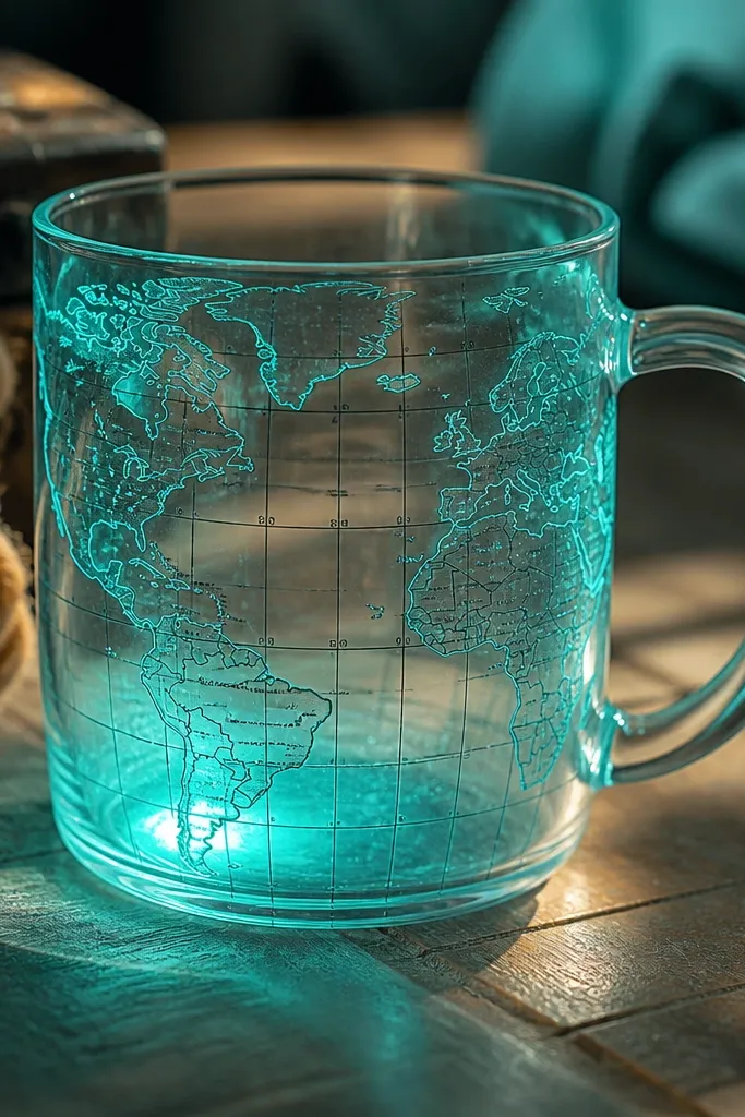 A clear mug with translucent teal map lines. There are fine black coordinate numbers and latitude/longitude style marks, and the LED glow makes the teal look like an underwater lantern.