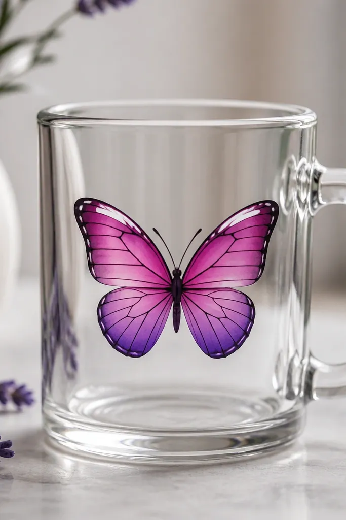 A clear mug with a butterfly centered on the front. Wings fade from translucent magenta to violet, with a bright white highlight on the top edge and thin black vein lines.