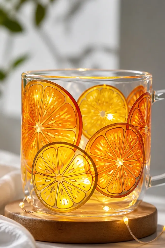 A clear mug with overlapping translucent orange and yellow citrus slices. Each slice has thick dark outlines and tiny white dot seeds, and the LEDs make the fruit look backlit.