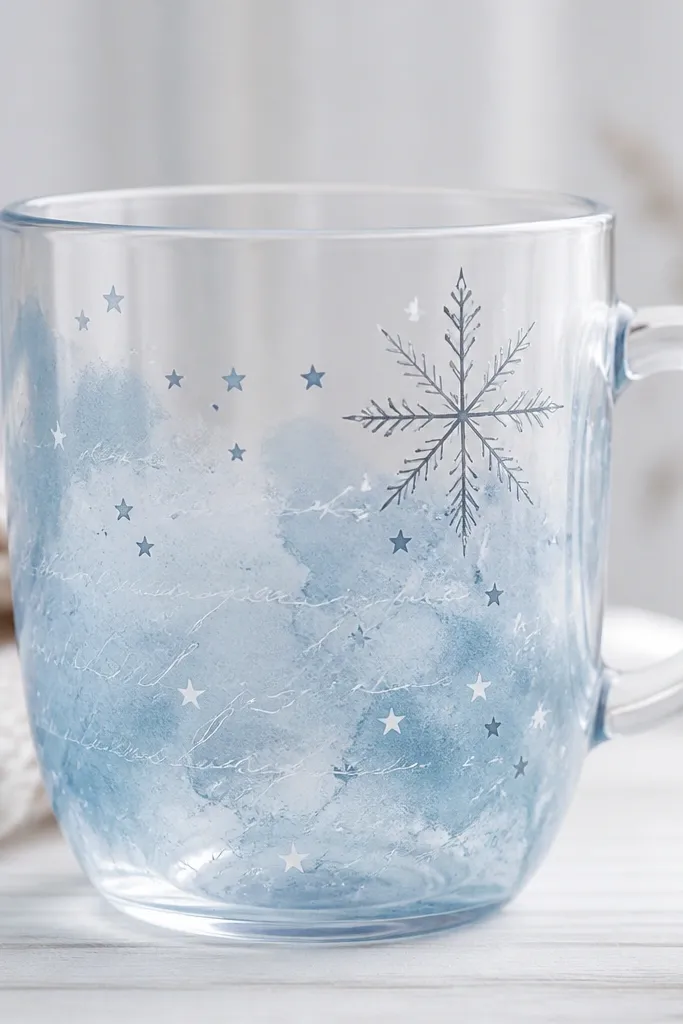 A clear mug with translucent icy blue paint and scattered stars. There's handwritten script text in white, and thin dark lines form a simple snowflake near the handle.