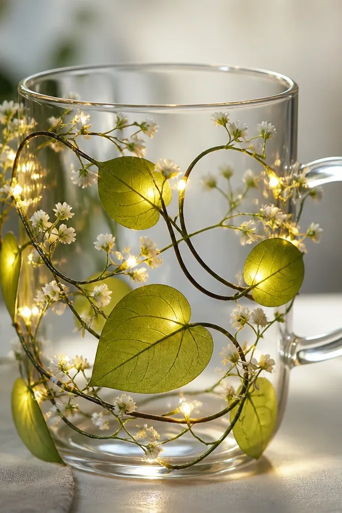 A clear mug with translucent green vine leaves curling around the sides. The LEDs glow through the leaves, and there are tiny white flowers and thin dark stems.