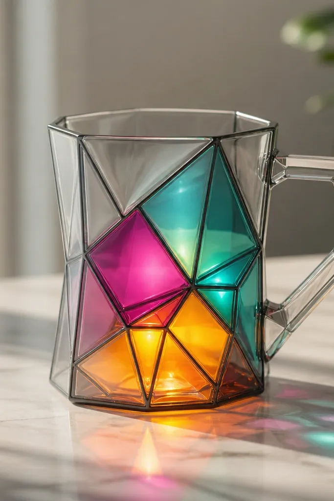 A clear mug with angular prism shapes. Translucent teal, magenta, and amber blocks sit inside black geometric outlines, with LEDs making each color glow differently.