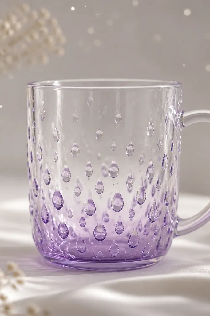 A clear mug with a deep lavender wash near the bottom and scattered translucent droplet shapes rising upward. LEDs glow through the droplets, and tiny white specks dot the background.