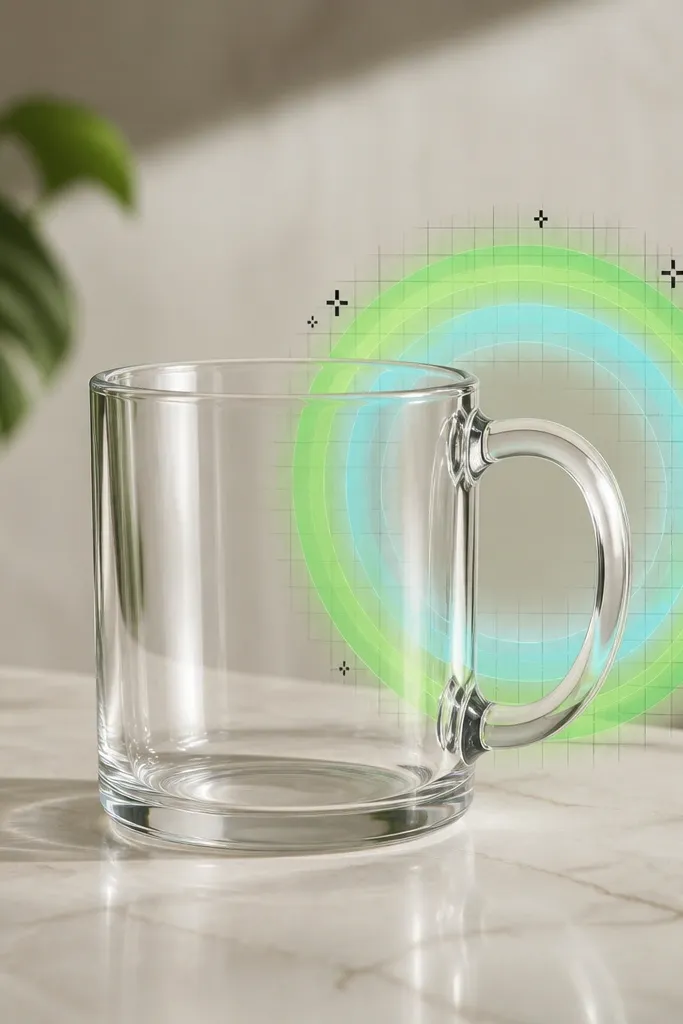 A clear mug with a circular halo graphic behind the handle area. The halo uses translucent neon green and cyan rings, with a small black grid and a few pixel-like stars.