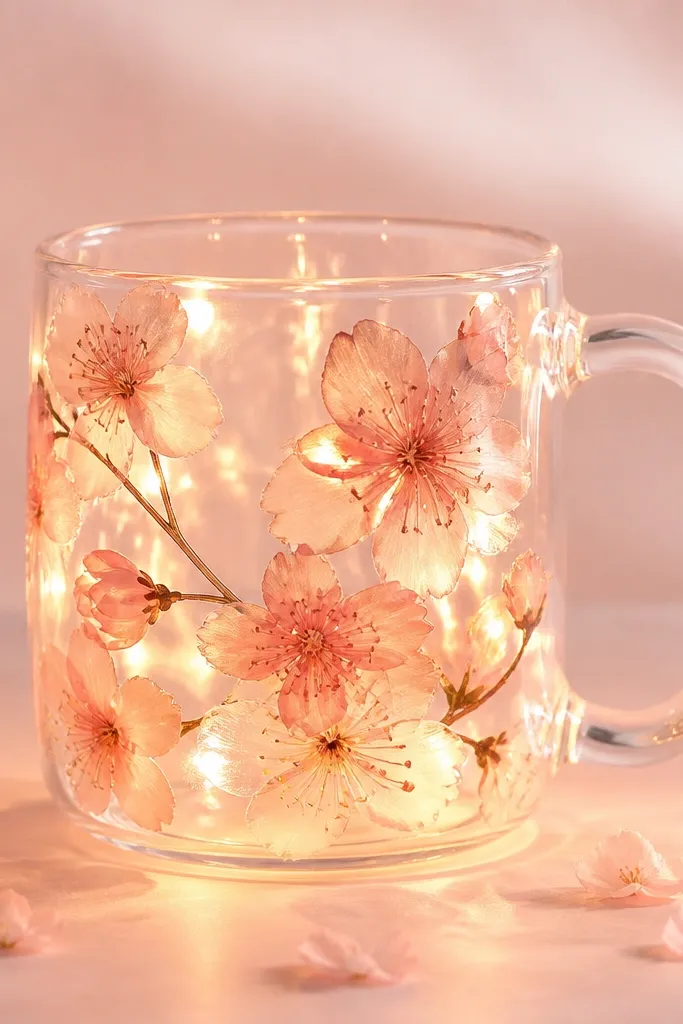 A clear mug with translucent blush pink blossoms spread across the sides. The background is a light milky pink wash, and LEDs make the whole mug look like a paper lantern.