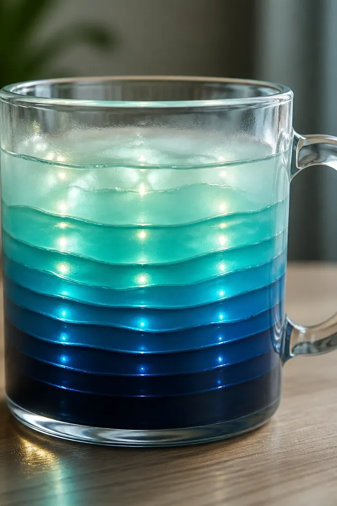 A clear mug with layered horizontal tide lines. Colors fade from deep navy at the bottom to translucent aqua above, with LEDs glowing through each band.