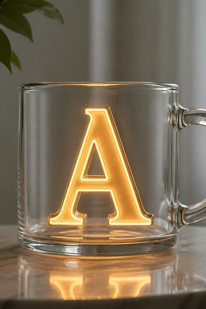 A clear mug with a large translucent monogram letter in the center. The letter has a white highlight stroke and thin dark outline, and LEDs make the letter glow like a sign.