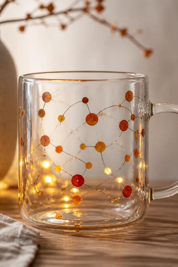 A clear mug with scattered translucent terracotta and amber dots across the front. LEDs make the dots look like embers floating, with a few thin dark arcs connecting them.