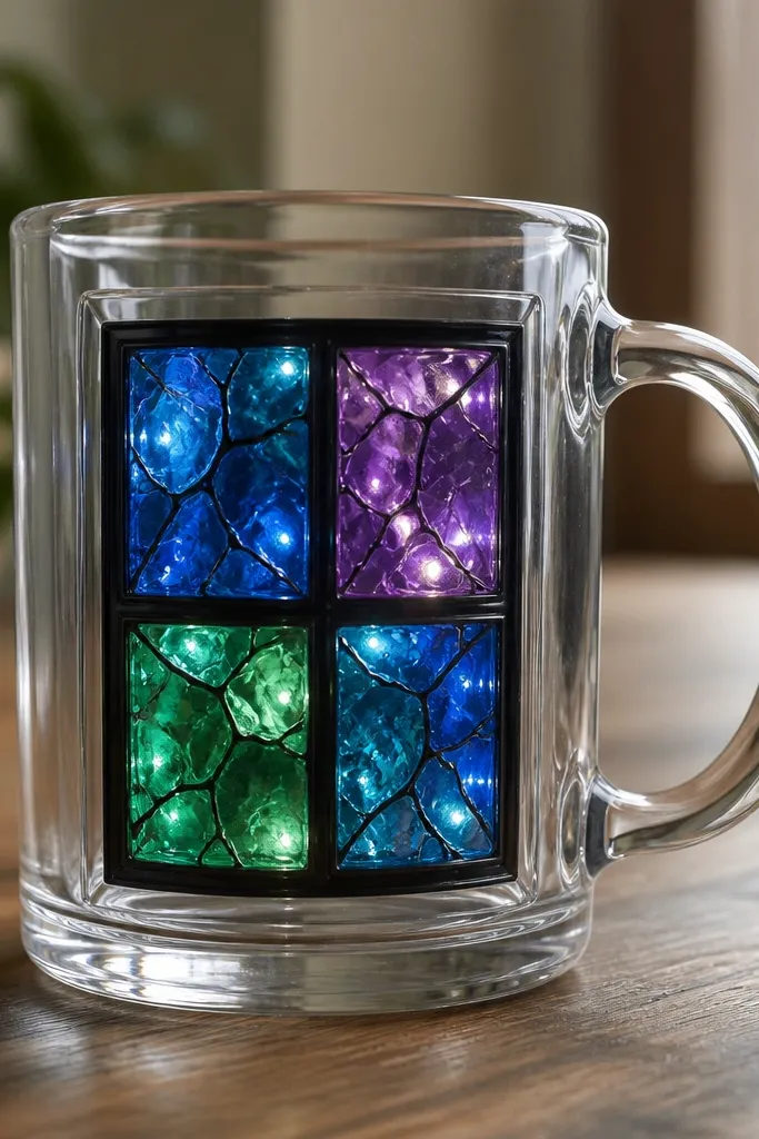 A clear mug with a window-like frame and four stained-glass panels. Each panel has translucent deep blue, purple, and green with black lead lines, and LEDs illuminate the panels from inside.