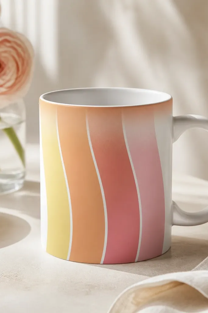 A white mug with five vertical-ish stripes that curve with the mug: pale yellow, peach, coral, and a soft pink. The top rim area has a peach-to-cream gradient fade.