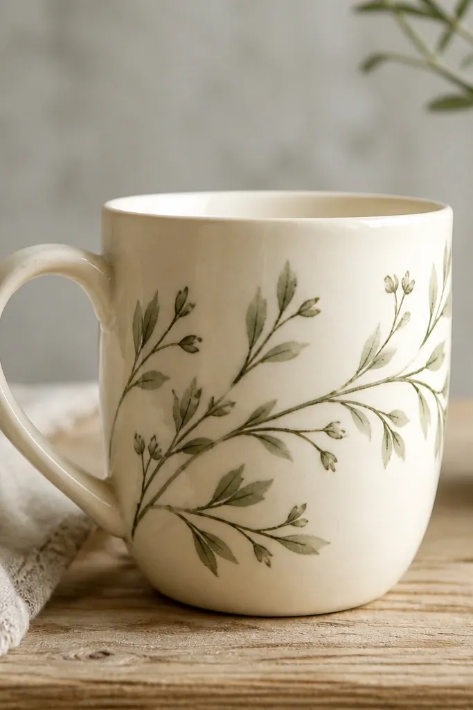 A cream mug with thin sage green branches wrapping diagonally from near the handle to the opposite side. Small leaves and a few tiny buds sit along the branches, with a soft off-white highlight on leaf edges.