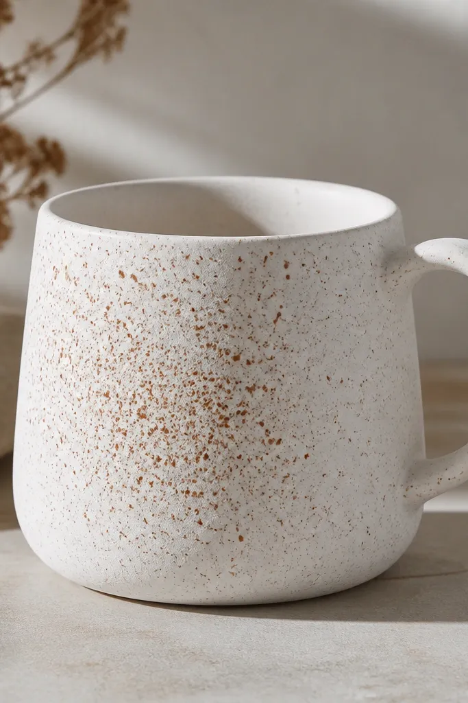A matte white mug with hundreds of tiny terracotta speckles like fired clay. The speckles vary in size and density, heavier near the center and lighter near the handle.