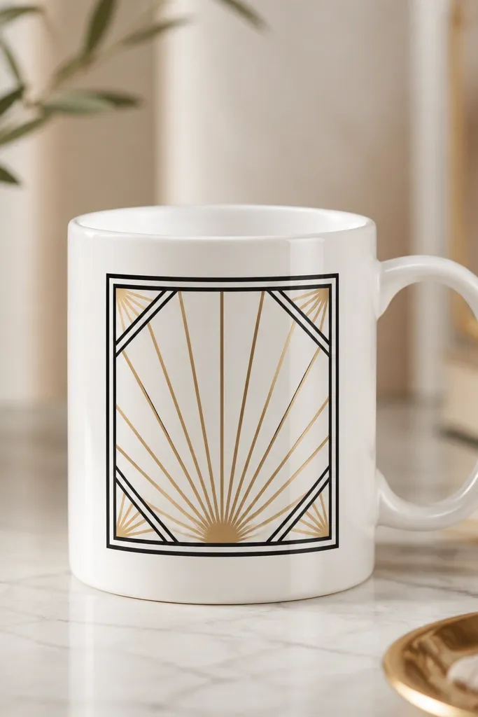 A black-lined art deco panel on a white mug: fan-shaped rays in gold, framed by thick black lines. The panel sits centered, with small corner triangles echoing the fan motif.